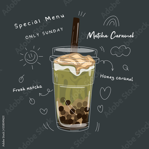 Bubble tea Special Promotions design, Pearl milk tea , Yummy drinks, coffees and soft drinks with logo and doodle style advertisement banner. Vector illustration.