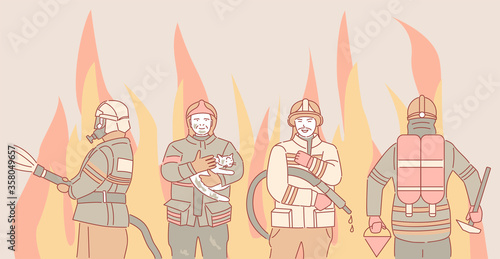 Firefighters on the background of flames vector cartoon outline illustration. Brave firemen extinguish fire with fire hose and rescue equipment and holding saved cat. Firefighting emergency concept.
