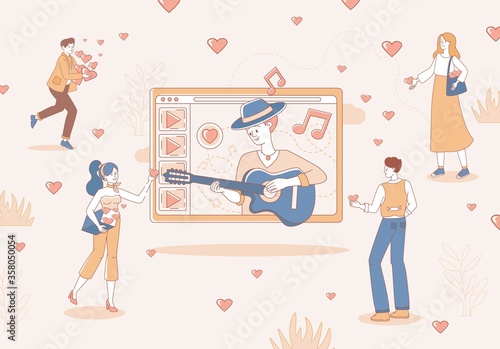 People listening online concert show or repetition and rate it vector cartoon outline illustration. Man playing music with guitar in audio or video blog. Artists on monitor screen, internet broadcast.