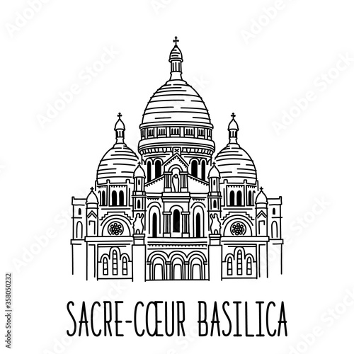 Hand drawn sketch of The Basilica of the Sacred Heart of Paris, France (Basilique du Sacre Coeur de Montmartre). Vector sketch drawing isolated on white background	