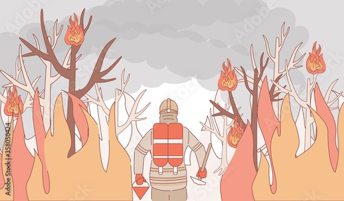 Brave firefighter in uniform and helmet with rescue equipment extinguishes a forest fire vector cartoon outline illustration. Fireman in the burning forest trying to put out the fire.