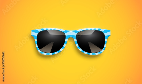 Realistic striped sunglasses on yellow background, vector illustration
