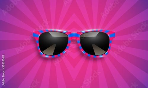 Realistic striped sunglasses on yellow background, vector illustration