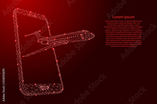 Airplane flying out of a smartphone screen from futuristic polygonal red lines and glowing stars for banner, poster, greeting card. Vector illustration.