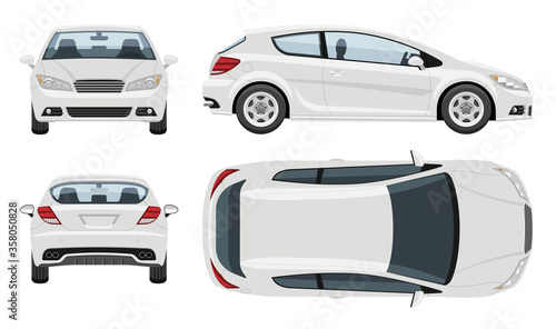 White hatchback car vector template with simple colors without gradients and effects. View from side, front, back, and top. 