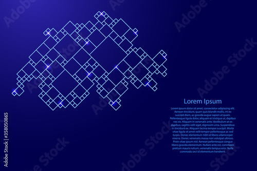 Switzerland map from blue pattern from a grid of squares of different sizes and glowing space stars. Vector illustration.