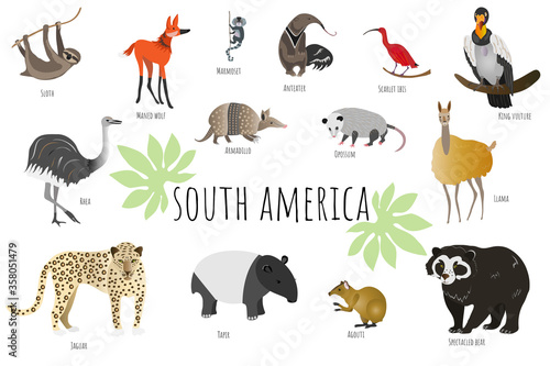 Vector collection with south american animals. Illustration with cute animals for children.
