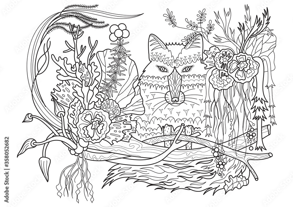 Fox in forest coloring page. Vector illustration for coloring. Outline coloring page.