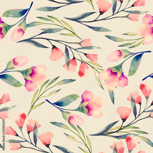 Gentle watercolor light pattern with pink flowers on a beige background