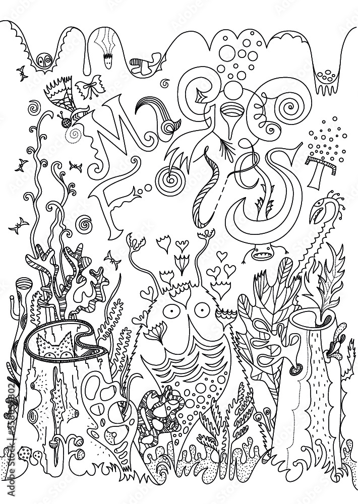 Fototapeta premium Magic forest coloring page. Vector illustration for coloring. Outline illustration for coloring.