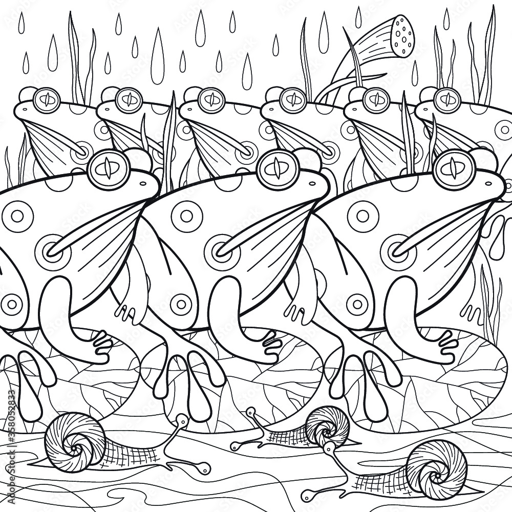 Frogs under rain coloring page. Outline coloring page. Vector ...