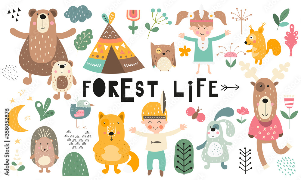 Vector set of woodland animals, kids characters, forest elements and plants in scandinavian style. Kids illustrations isolate on white background. Cute collection for nursery design. Vector set of woodland animals, kids characters, forest elements and plants in scandinavian style. Kids illustrations isolate on white background. Cute collection for nursery design.