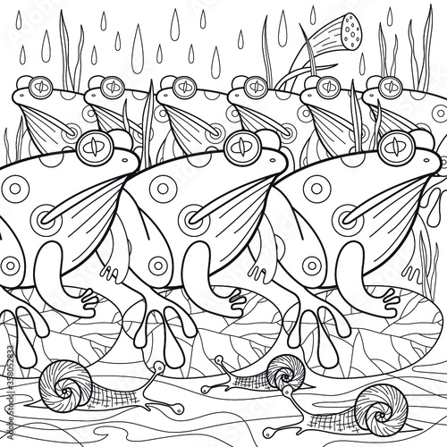 Frogs under rain coloring page. Outline coloring page. Vector illustration for coloring.