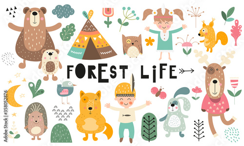 Vector set of woodland animals, kids characters, forest elements and plants in scandinavian style. Kids illustrations isolate on white background. Cute collection for nursery design.