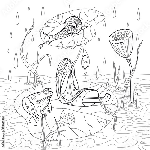 Coloring page with Sad sitting Girl with huge leaf, frog and snail. Outline coloring page. Vector illustration for coloring.
 photo