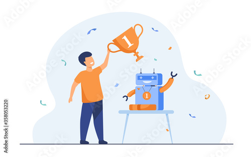 Child getting award for robot flat vector illustration. Cartoon young winner holding golden cup. Programming and school competition concept