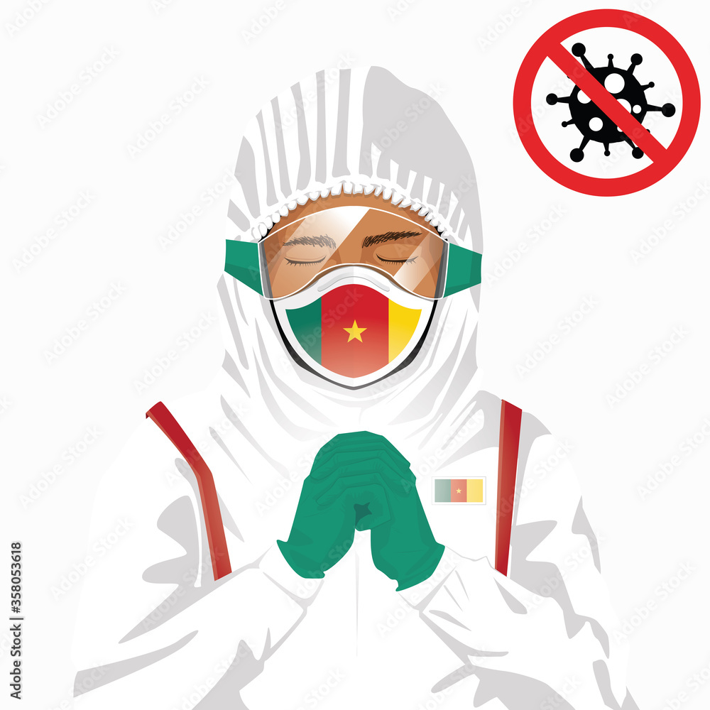 Covid-19 or Coronavirus concept. Cameroonian medical staff wearing mask in protective clothing and praying for against Covid-19 virus outbreak in Cameroon. Cameroonian man and Cameroon flag. Pandemic Covid-19 or Coronavirus concept. Cameroonian medical staff wearing mask in protective clothing and praying for against Covid-19 virus outbreak in Cameroon. Cameroonian man and Cameroon flag. Pandemic