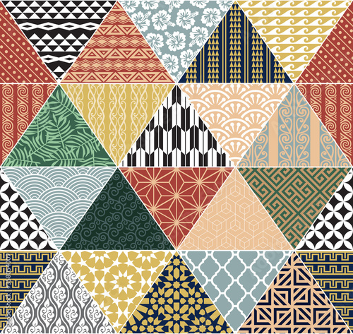 Tribal geometric collage pattern. Multicultural ethnic motifs patchwork seamless background.