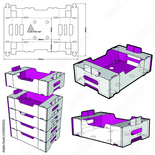 Stackable Retail Double Edge Box (Internal measurement 29.3x 18.4+ 7.95) and Die-cut Pattern. The .eps file is full scale and fully functional. Prepared for real cardboard production.