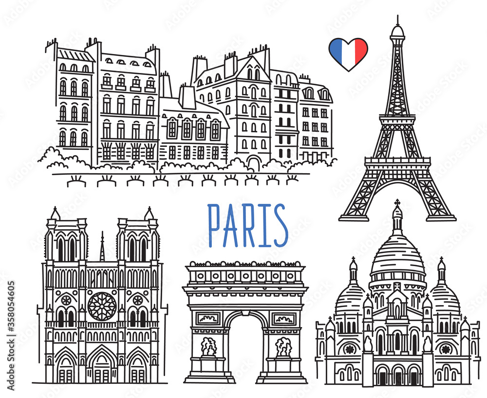 Architecture, landmarks and monuments of Paris, France. Vector sketch drawing isolated on white background