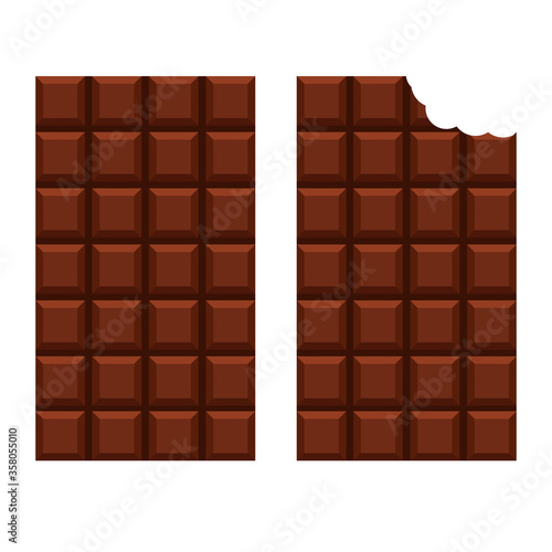 A set of dark chocolate without packaging: the whole bar and with a bitten bite. Chocolate bars Isolated on a white background. Stock vector illustration.
