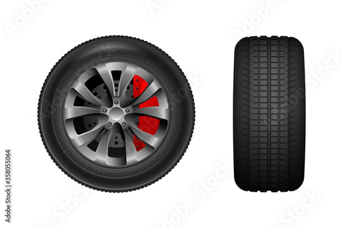 Car wheel with brake gear.  Car tires with different tread marks. Vector wheel icon. Tire shop, tyres change auto service.