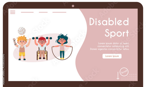 Vector banner illustration of disabled kids do sports exercises
