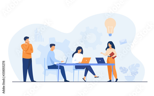 Company employees planning task and brainstorming flat vector illustration. Cartoon people sharing ideas and meeting. Teamwork, workflow and business concept