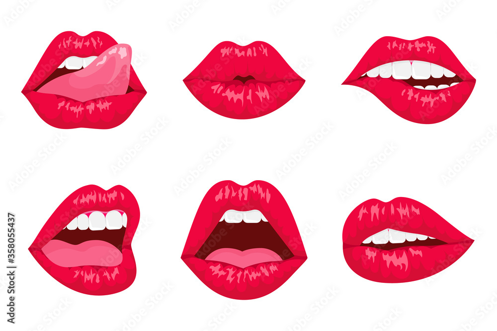Red and rose kissing and smiling cartoon lips isolated. lips expressing  different emotions, such as smile, kiss, half-open mouth, biting lip, lip  licking, tongue out. Stock Vector | Adobe Stock