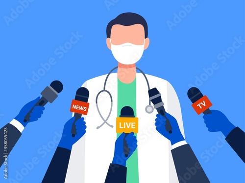 Live report, live news concept. A male medical worker giving an interview. Many hands of journalists with microphones. An interview with a doctor. Flat vector illustration.