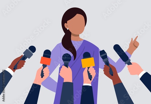 Live report, live news concept. An indian woman giving an interview. Many hands of journalists with microphones. Flat vector illustration.