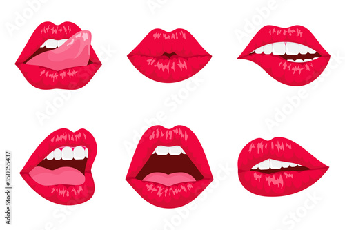 Red and rose kissing and smiling cartoon lips isolated. lips expressing different emotions, such as smile, kiss, half-open mouth, biting lip, lip licking, tongue out.