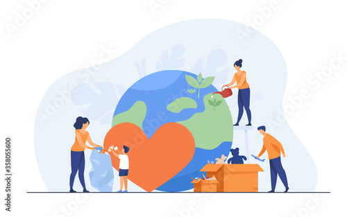 Social team helping charity and sharing hope flat vector illustration. Cartoon people giving humanitarian help and aid. Volunteering, emergency service and safety concept