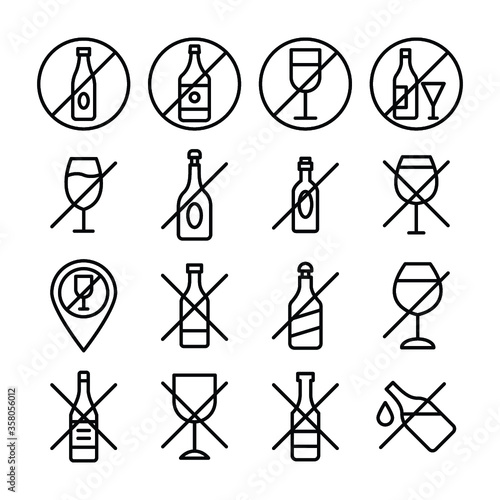 
Alcohol Not Allowed, No Addiction, No Alcohol, Alcohol Restricted, Warning Sign, Wine Prohibition, Drinks Not Allowed Line Vector Icons Set 
