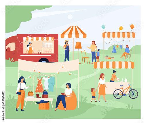 Happy people at street season flea market flat vector illustration. Cartoon crowd walking at park during summer fair. Sale community and marketplace concept