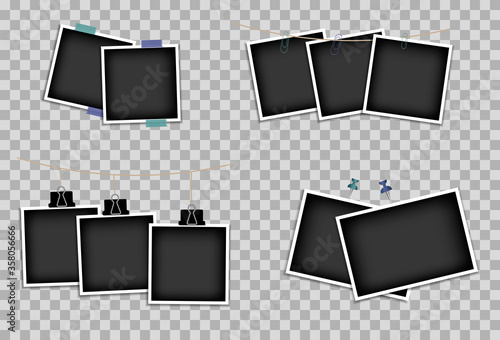 Set of photo frames on sticky tape, pins and rivets. Photo design template. Vector illustration. Isolated on a transparent background.