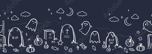 Fun hand drawn horizontal halloween seamless pattern with ghosts, graveyard, pumpkins - great for textiles, banners, wallpapers, wrapping - vector design