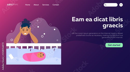 Newborn baby and tired mom concept. Depressed new mother leaning on bed with child, holding head, feeling sad and anxiety. Flat vector illustration