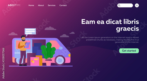 Smiling courier standing near van and boxes flat vector illustration. Cartoon postman shipping packages on truck. Delivery service and transportation concept