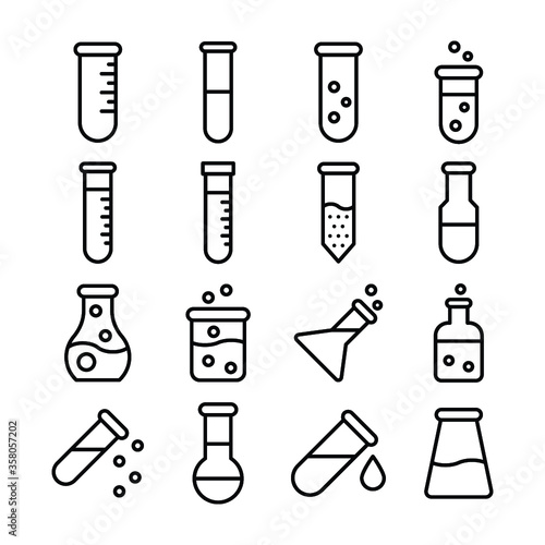  Test Tube, Boiling Tube, Florence Flask, Apparatus, Volumetric Flask, Conical Flask, Beaker, Round Bottom Glass, Flat Bottom Glass, Science, Lab Equipment Line Vector Icons Set 