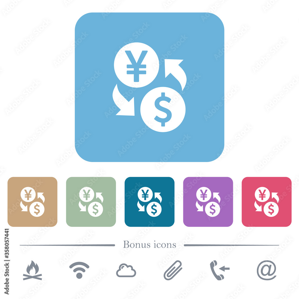 Yen Dollar money exchange flat icons on color rounded square backgrounds Yen Dollar money exchange flat icons on color rounded square backgrounds
