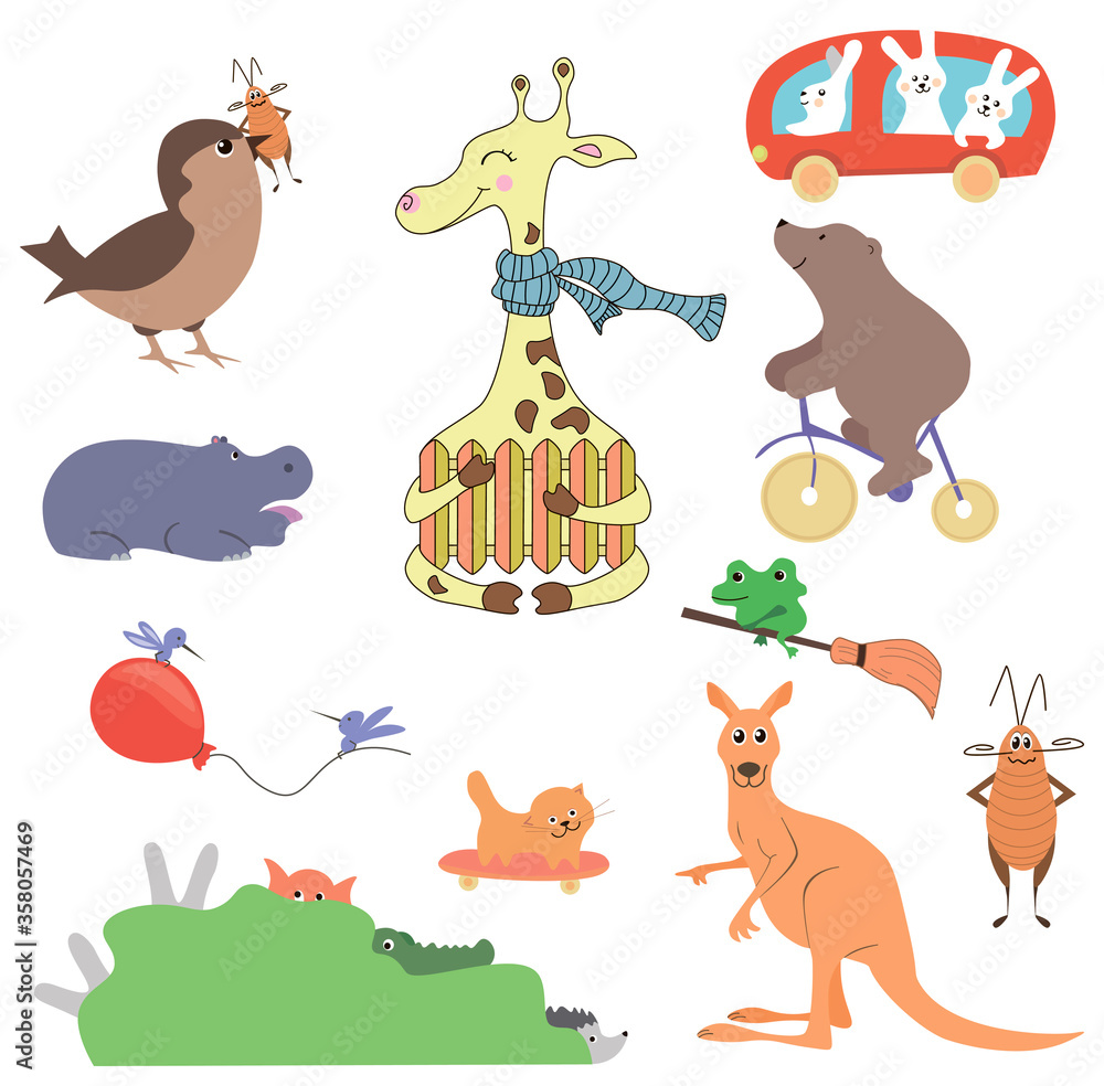 Vector set of cute wild animals in the forest fox, bear, hedgehog, rabbit, snail, deer, owl, bird, mouse. Vintage set. Vector set of cute wild animals in the forest fox, bear, hedgehog, rabbit, snail, deer, owl, bird, mouse. Vintage set.