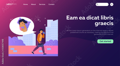 Caffeine addict, insomnia, sleeping man, office work exhaustion concept. Sleepy employee walking outdoors, drinking coffee. Sad tired exhausted businessman feeling burnout. Flat vector illustration