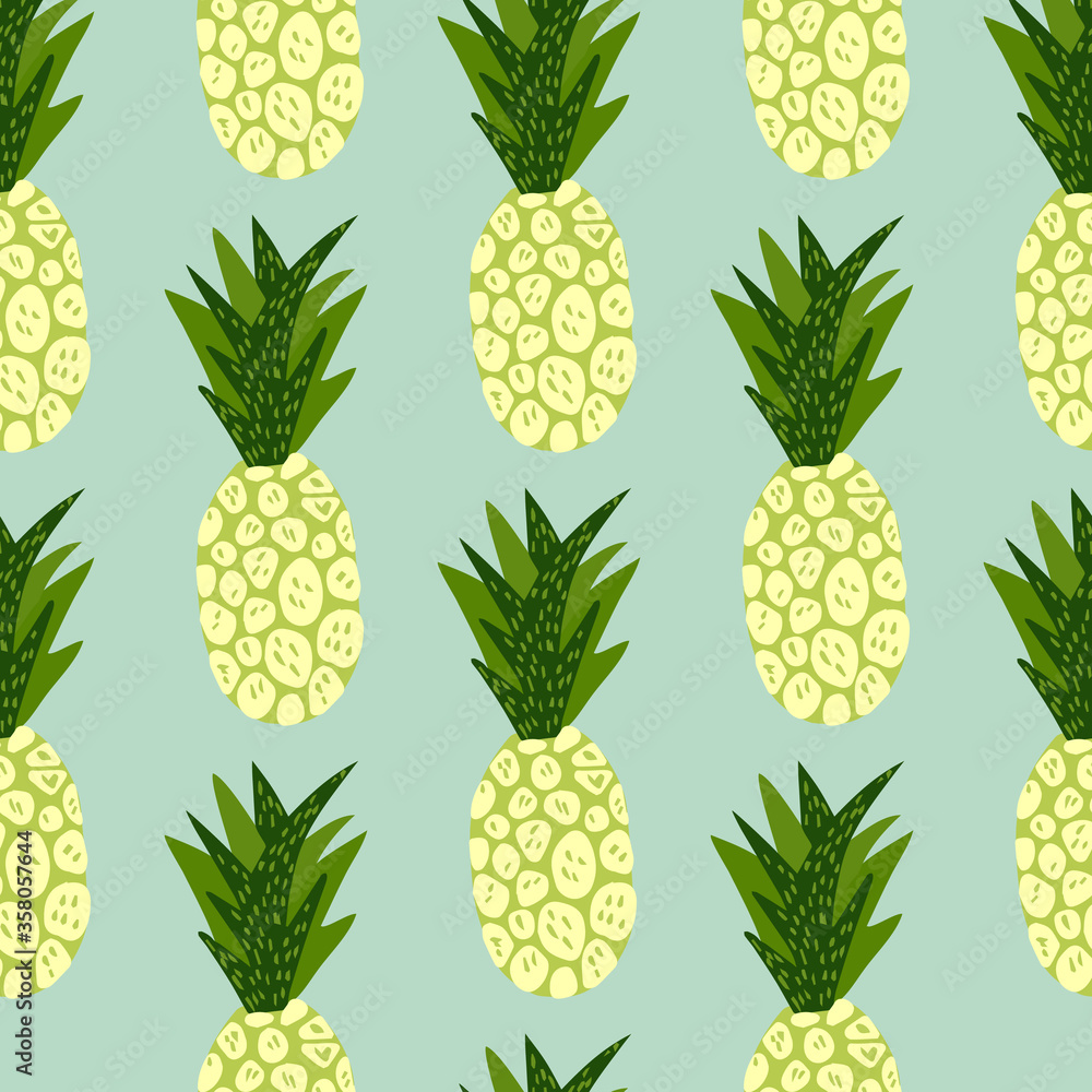 Exotic tropical fruits pattern on blue background. Hand drawn pineapple wallpaper Exotic tropical fruits pattern on blue background. Hand drawn pineapple wallpaper