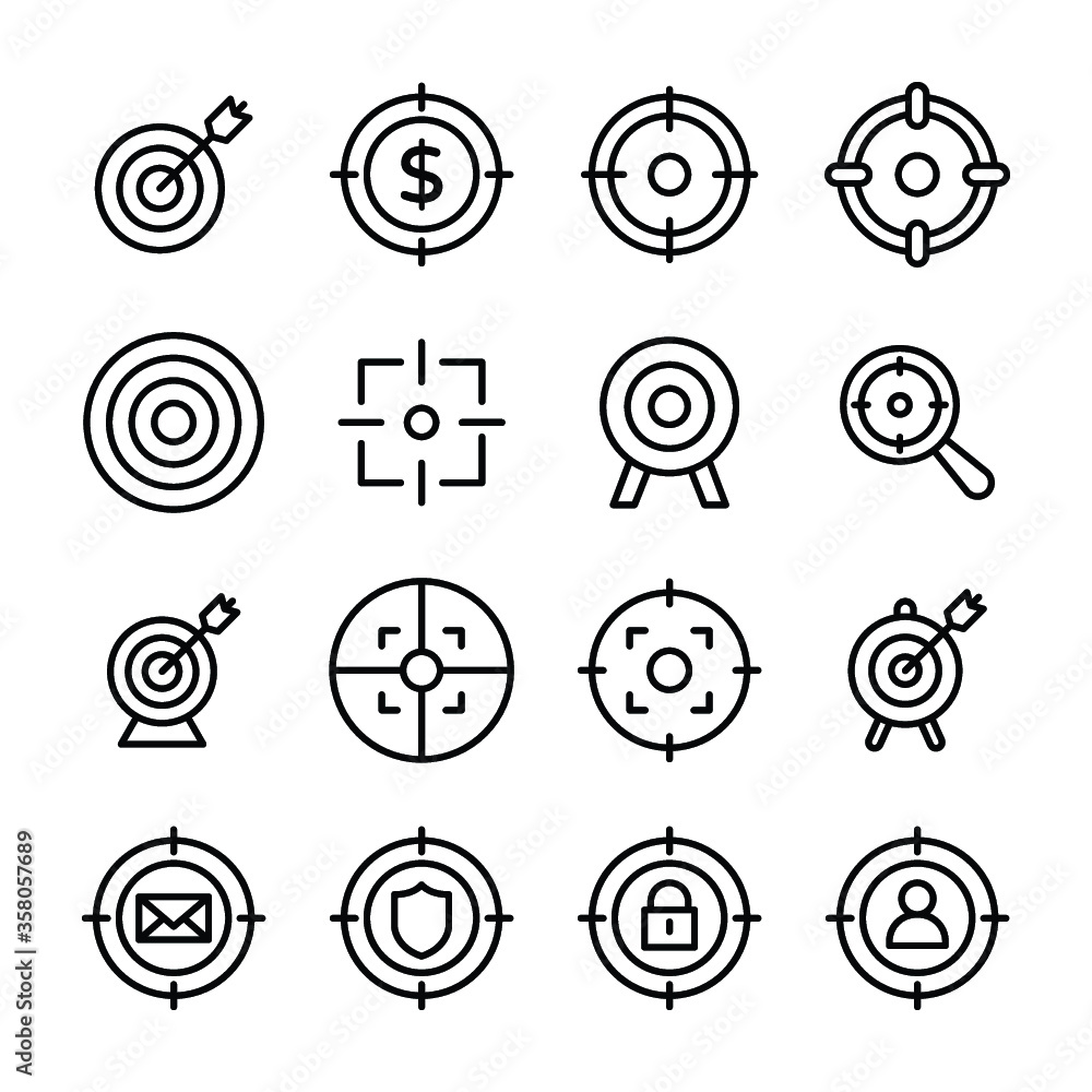 Target, Mone Target, Crosshair, Bullseye, Sniper Sight, Dartboard, Exploration, Target Focus, Focusing, Target Email, Target Shield, Digital Security, User Target Line Vector Icons Set
Target, Mone Target, Crosshair, Bullseye, Sniper Sight, Dartboard, Exploration, Target Focus, Focusing, Target Email, Target Shield, Digital Security, User Target Line Vector Icons Set