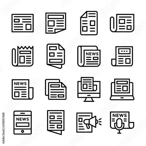 
Newspaper, Print Advertising, News Article, Electronic Media, Online Newspaper, Media Coverage, News Media, Journalism Line Vector Icons Set 
