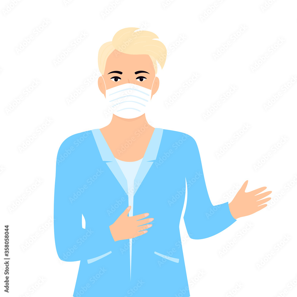 Woman doctor in a white medical coat and protective mask talks about Chinese virus 2019-nCoV. Coronavirus treatment. Concept of quarantine, prevent infection