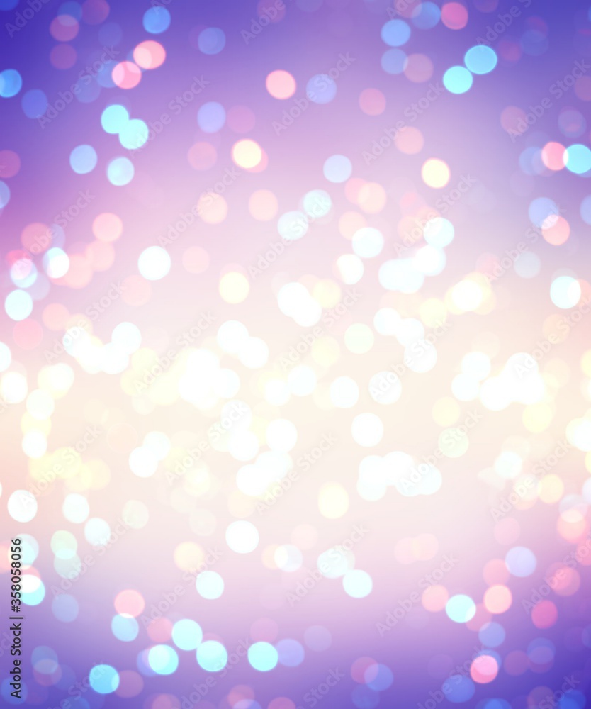 Holiday lights glitter on lilac purple blue ombre background. Bokeh pattern.