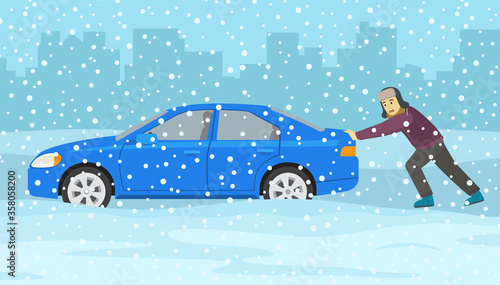 Young driver man pushing his car stuck in snow. Winter season view. Flat vector illustration.