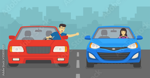 Aggressive male driver yelling at female driver on road. Anry man and smiling woman. Flat vector illustration.